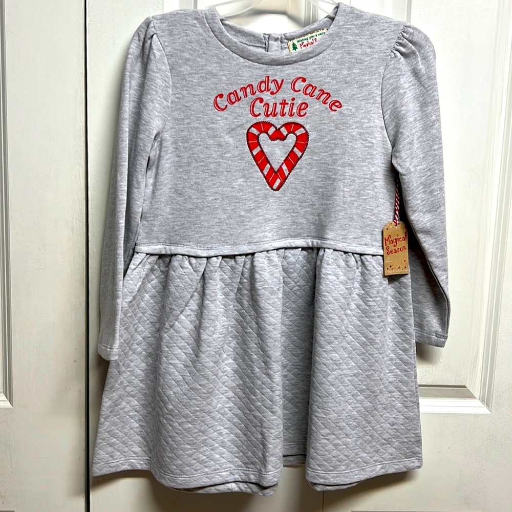 Magical Season Gray Red Candy Cane Cutie Girls Christmas Dress Child Size M NWT